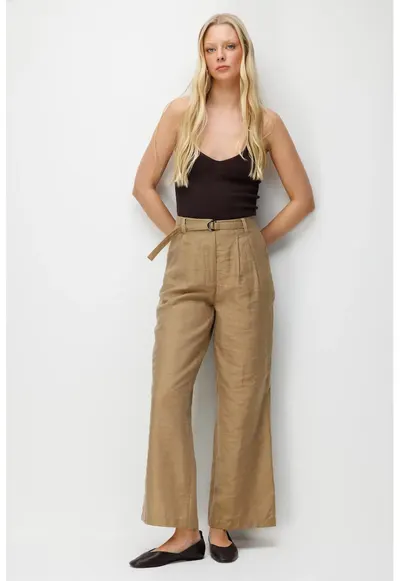 Pantaloni dama - talie inalta - maro natural - poliester