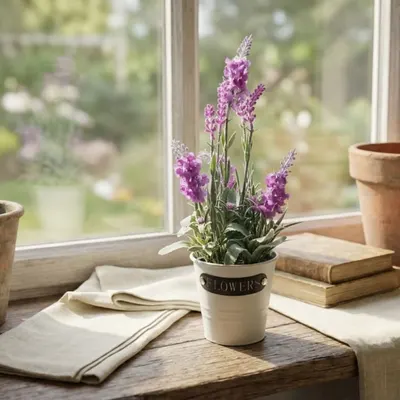 Plantă artificială în ghiveci, lavandă, dimensiuni 28x9 cm, culoare lila