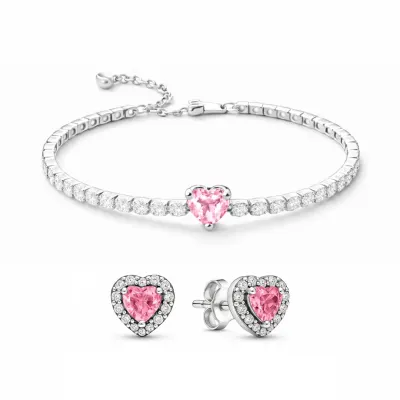 Set bijuterii Cercei si Bratara Pink Heart Cu Argint