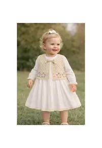 Rochie fetita alba din muselina eleganta cu vesta tricotata stil boho