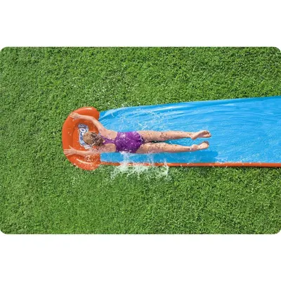 Tobogan cu apa pentru 1 persoana Bestway H2O GO Tsunami Splash Ramp Albastru, Lungime 488 cm, Conectare la furtun, Aspersoare incorporate, Punct start si finish gonflabile, Patch de reparare inclus