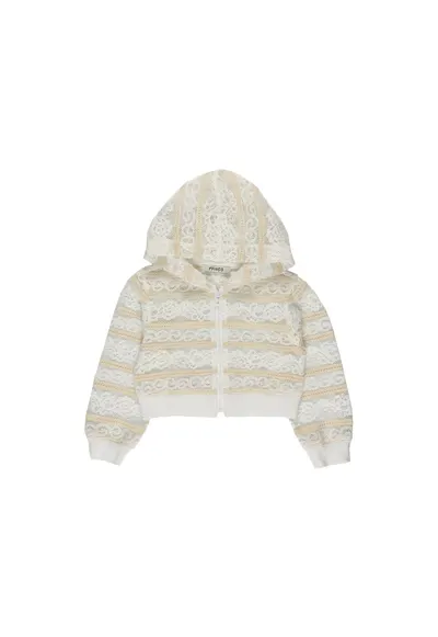 Jacheta crop din tesatura cu dantela - Lace Effect - Dungi Alb si Bej - pentru fetite - Alb