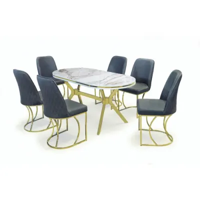 Set TIMARA, masa cu 6 scaune, ovala, 6 persoane, marmura calcutta + auriu + gri, 160x80 cm