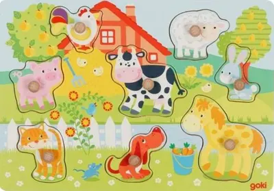 Puzzle din lemn cu manere Goki - Animalele din ferma