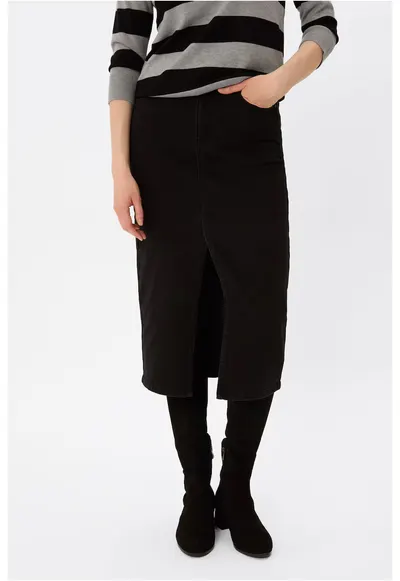 Fusta midi din denim cu slit frontal G-Vyen - cu buzunare - Neagra - Negru