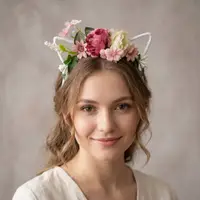 Bentiță de păr pisicuță cu urechiușe albe și flori, Zooky