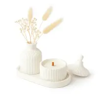 Set tavă ovală, vază și lumânare cu capac din ceramică jesmonite – în cutie cadou - Marmorată roz