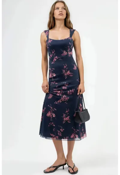 Rochie Midi - Florala cu Guler Inima - Multicolor - Jerseu