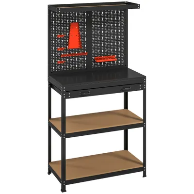 HOMCOM Banc de lucru cu panou perforat pentru scule, 2 rafturi și sertar, din oțel și lemn, 80x40,5x155 cm, negru | Aosom Romania