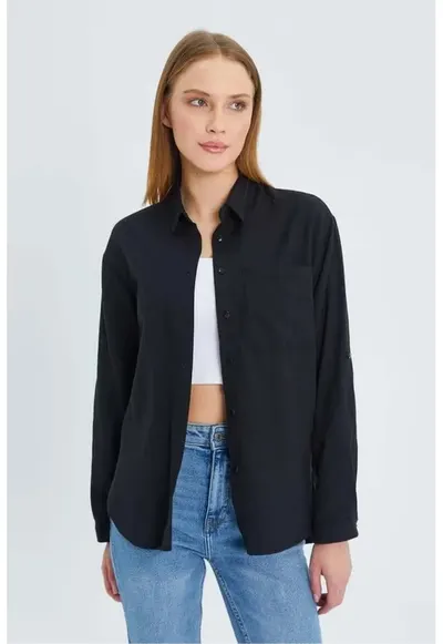 Camasa dama - camasa cu maneca lunga - buzunar - negru - textil