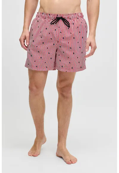 Pantaloni scurti de baie cu model si buzunare - Rosu/Alb