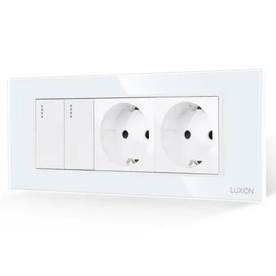 Intrerupator Dublu + 2 Prize cu Rama din Sticla LUXION, Standard Italian, 6M