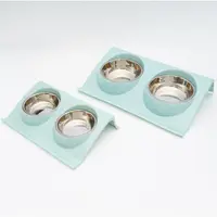 Castron dublu metalic hrana si apa pentru caini si pisici, cu suport plastic ridicat, Large, 37,5 X 25 X 7.5 cm, albastru