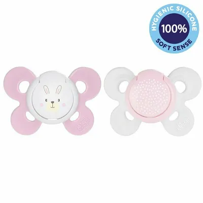 Set 2 suzete bebelusi, Chicco, Physio Comfort, Ortodontice, Suprafata moale, Fara BPA, 2-6 luni, Motive animale, Roz