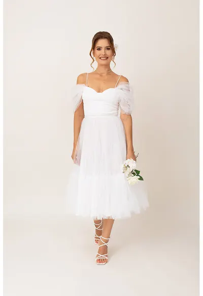 Rochie midi cu umeri decupati - Alb