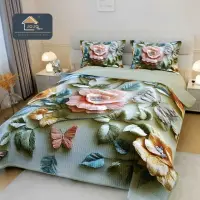 Cuvertura Matlasata, Bumbac Finet, cu Imprimeu 5D, 220x240cm + 2 fete de perna 50x70cm, Verde deschis, Flori Crosetate
