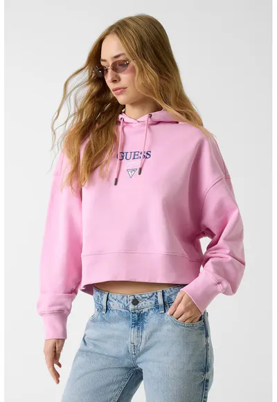 Hanorac crop cu broderie logo - Roz
