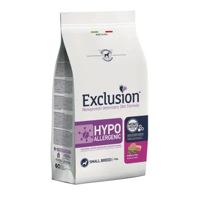 EXCLUSION Monoprotein VD Hypoallergenic Small, XS-S, Porc și Mazăre, dietă veterinară, hrană uscată fără cereale câini, alergii, 2kg