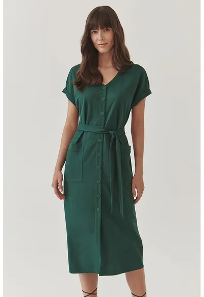 Rochie midi cu nasturi si cordon in talie Wankarmi - Verde inchis