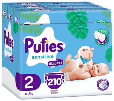Scutece Pufies Sensitive - Mărimea 2, 4-8 kg, 210 buc