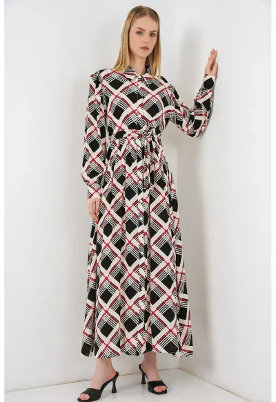 Rochie tip camasa - midi - model in carouri - viscoza - bej/negru