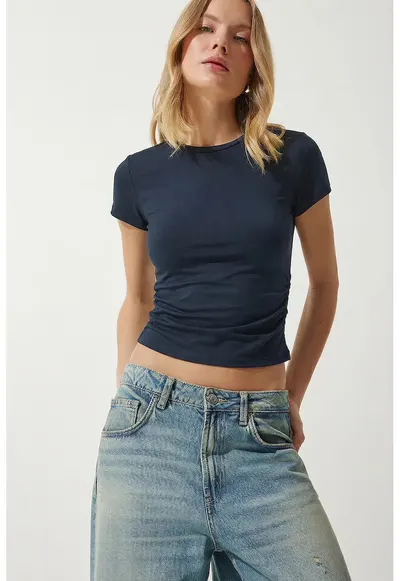 Tricou dama - Happiness Istanbul - Bleumarin - Poliester/Elastan - Slim fit - Guler rotund