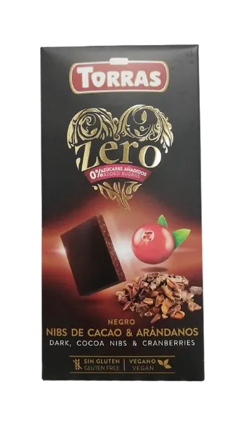 Ciocolata neagra cu merisoare fara zahar si gluten 52% cacao Zero, 125g, Torras