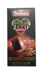 Ciocolata neagra cu merisoare fara zahar si gluten 52% cacao Zero, 125g, Torras