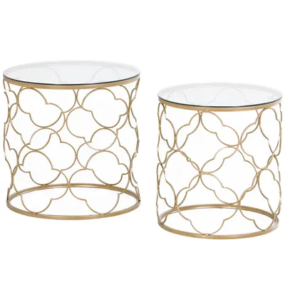 HOMCOM Set de 2 Masute pentru Salon care se pot Stivui Art Deco, Masute de Cafea din Metal cu Blat din Sticla Securizata, Auriu | Aosom Romania