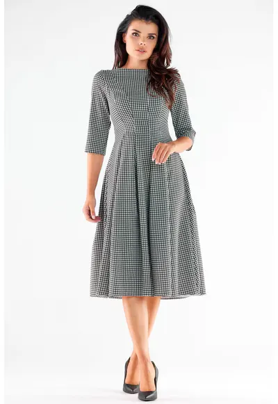 Midi Rochie Maneca trei sferturi A519 - Alb/Gri