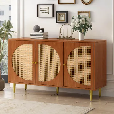 Set Mobilă de Living din Ratan cu Comodă Modernă cu Trei Uși și Dulap pentru Pantofi cu Două Uși Glisante, Culoare nuc