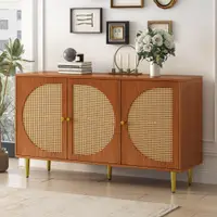 Set Mobilă de Living din Ratan cu Comodă Modernă cu Trei Uși și Dulap pentru Pantofi cu Două Uși Glisante, Culoare nuc