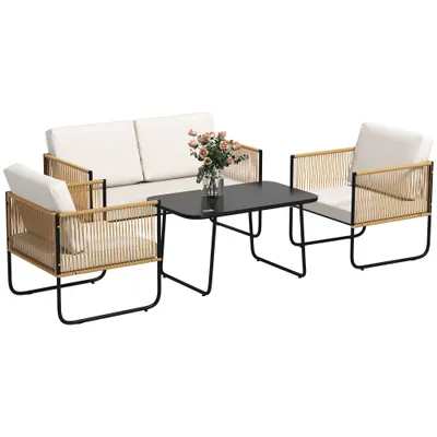 Outsunny Set Mobilier de Grădină din 4 Piese cu Canapea, 2 Fotolii și Măsuță, 110x61x63 cm, Alb Crem | Aosom Romania