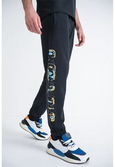 Pantaloni de trening cu imprimeu logo lateral - Negru/Galben/Albastru