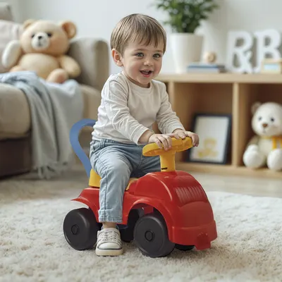 Ride-On copii fara pedale Foot to Floor rosu, cu volan, spatar cu posibilitatea de impingere, spatiu de depozitare, claxon