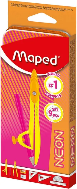 Set de instrumente de desen Maped Neon - Study, 9 piese, cu busolă