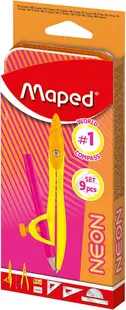 Set de instrumente de desen Maped Neon - Study, 9 piese, cu busolă