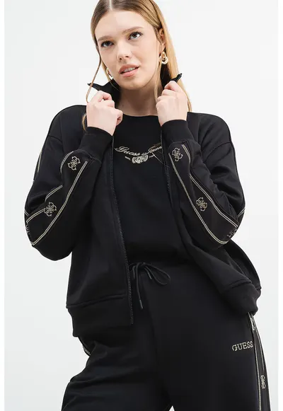 Bluza de trening cu fermoar si imprimeu logo discret - Negru