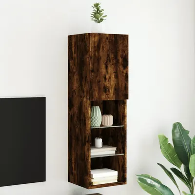 vidaXL Comodă TV cu lumini LED, stejar fumuriu, 30,5x30x102 cm
