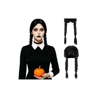 Peruca decorativa pentru Halloween, doua codite impletite, par sintetic negru