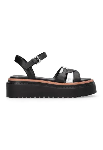 Sandale wedge de piele Bessie 01 - Negru/Caramel/Argintiu