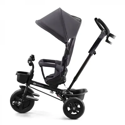 Tricicleta pentru copii Kinderkraft Aveo Malachite Grey de la 9 luni, cu sezut rotativ, suport pentru picioare, maner cu control al directiei, gentuta si cos pentru accesorii