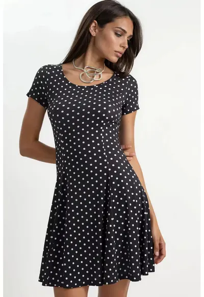 Rochie Mini Casual - Negru - Buline - Poliester-Elastan