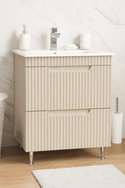 Set Baza front MDF si Lavoar seria 033, cu sertare, montata, 60 cm, crem