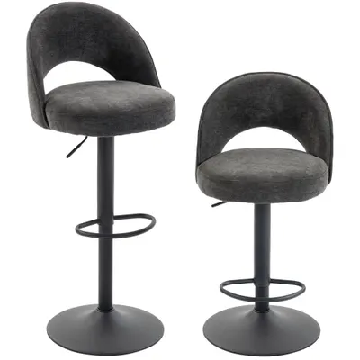 HOMCOM Set de 2 taburete de bar, scaune de bar reglabile pe înălțime, șezut căptușit din chenille, rotative 360°, Gri | Aosom Romania