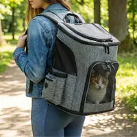 Rucsac pentru transport animale de companie Jumi, ventilat, fund rigid, fereastră laterală cu fermoar, compartiment pentru apă, gri închis