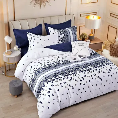 Lenjerie pat dublu, FINET, 6 piese, Jojo Home, Alb-Bleumarin, forme geometrice