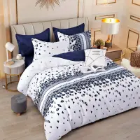 Lenjerie pat dublu, FINET, 6 piese, Jojo Home, Alb-Bleumarin, forme geometrice