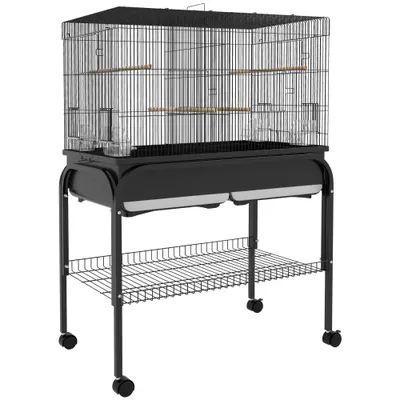 PawHut Colivie pentru Păsări de Interior cu Tăviță, Raft și Roți, Volieră din Oțel pentru Perusi, Canari, Nimfe și Papagali, Negru, 85 x 49 x 119 cm | Aosom Romania