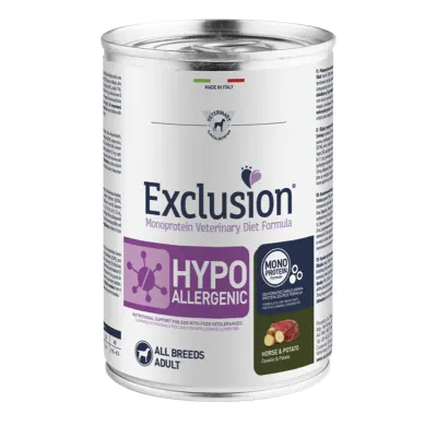 EXCLUSION Monoprotein VD Hypoallergenic, XS-XL, Cal și Cartofi, dietă veterinară, conservă hrană umedă fără cereale câini, alergii, (pate), 400g
